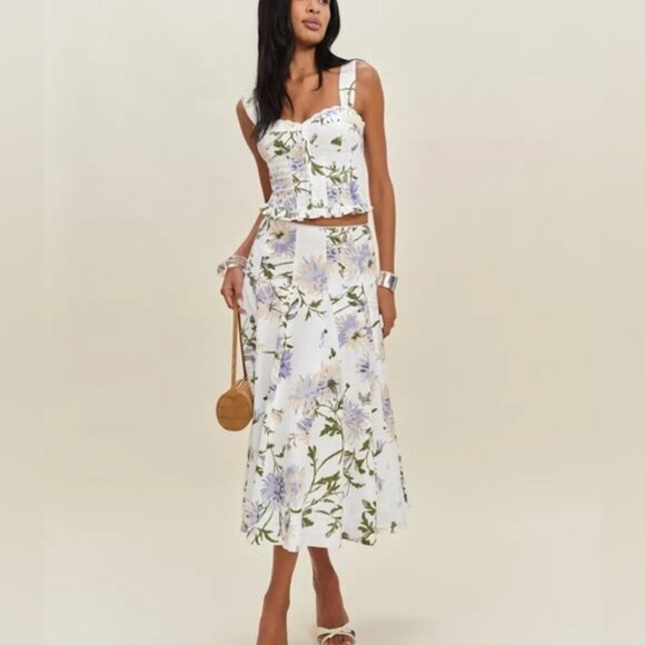 NEW Reformation Anatolia Linen Corset Two Piece Serenity White Floral US 2 UK 6 - Picture 1 of 16
